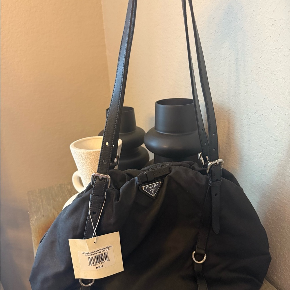 Prada Vintage Black Leather Ribbon Nylon Women's Bag